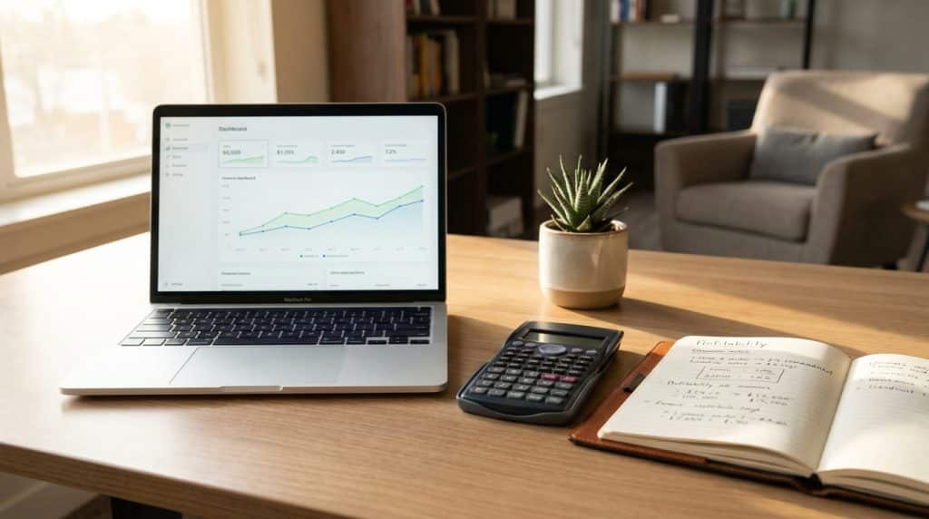 Bureau avec laptop et calculs de rentabilité