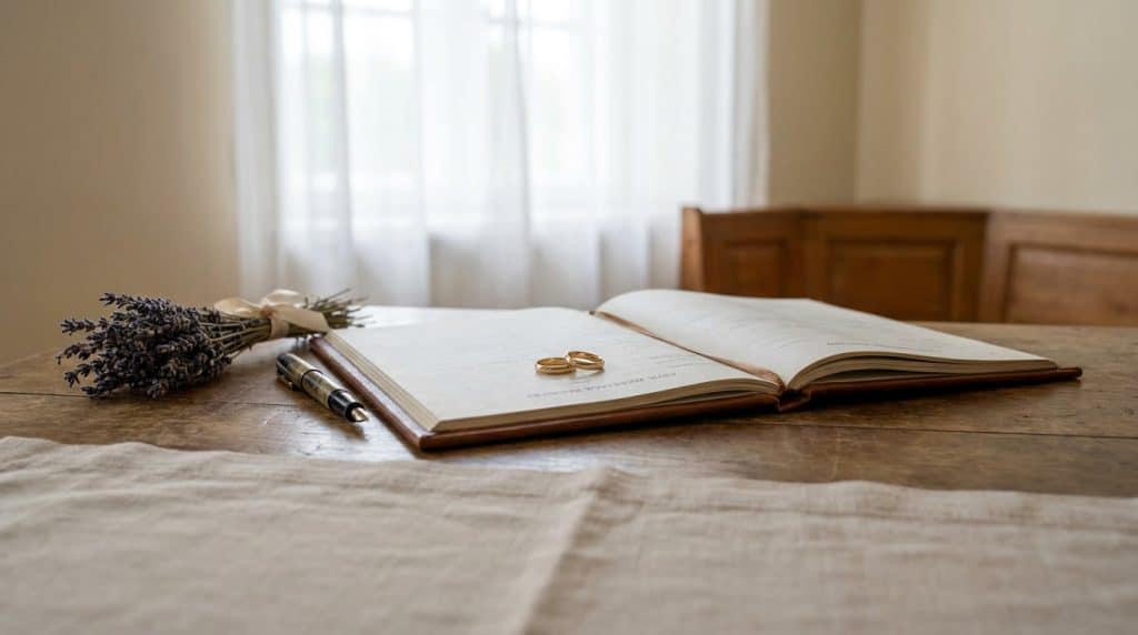 Deux alliances en or sur un livre de mariage