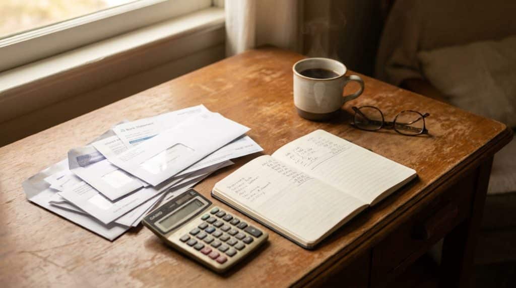 Bureau avec factures et plan de budget