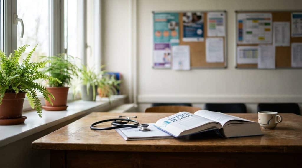 Espace de travail médical avec stéthoscope et manuel