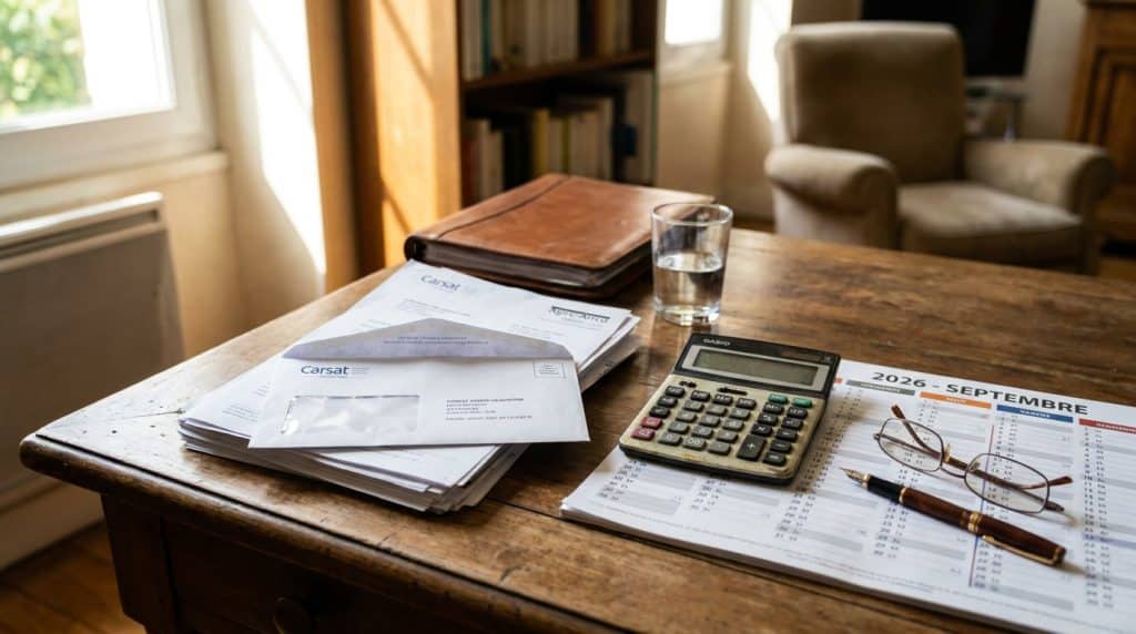 Bureau avec documents retraite Agirc-Arrco et calculatrice