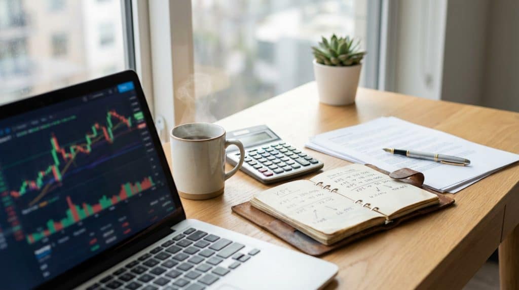 Bureau d'entrepreneur avec dashboard ROI et calculatrice