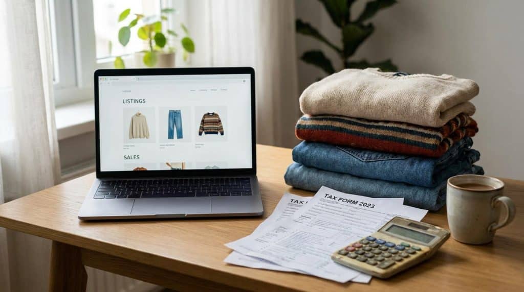 Bureau avec déclaration fiscale et vêtements de seconde main