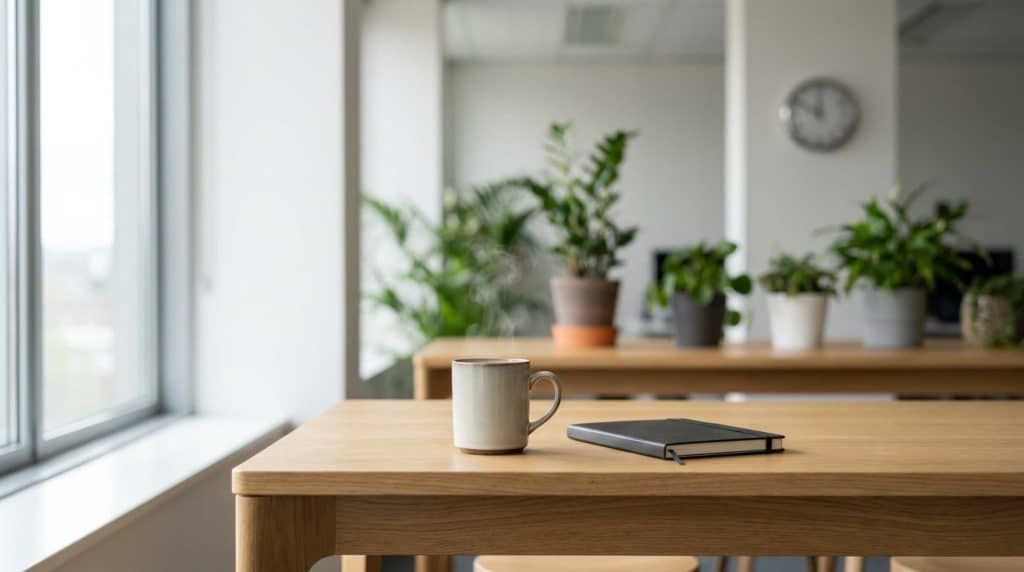 Salle de pause de bureau avec tasse de cafe et carnet sur une table en bois
