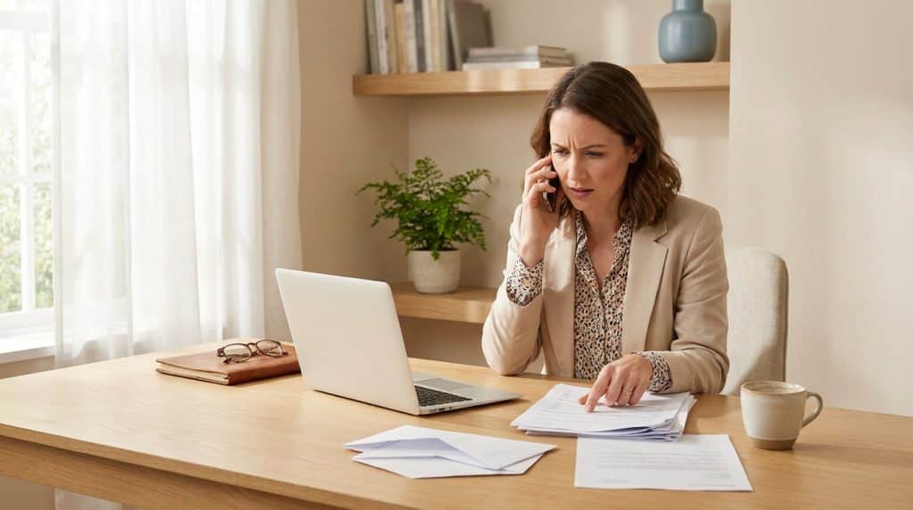 Femme au bureau consultant ses documents de mutuelle au telephone