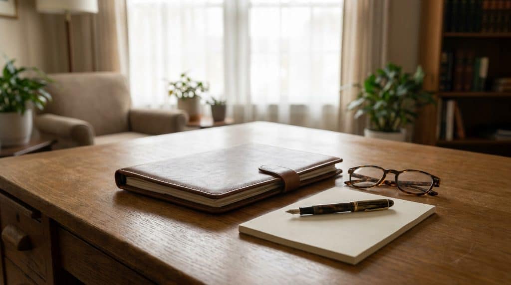 Bureau avec dossier juridique fermé, lunettes et stylo